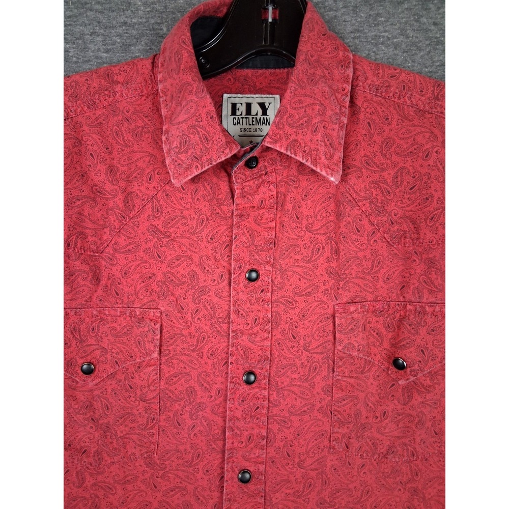 Ely Cattlemen Mens Shirt Medium Red Paisley Floral‎ Pearl Snap Western Rodeo